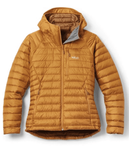 A hooded down jacket for outdoor hikes.